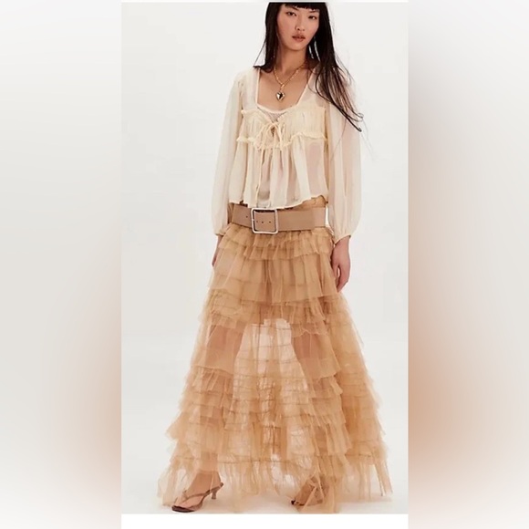 Free People Nigel Preston Glastonbury Ruffle Maxi Skirt Dress Tulle Nude
